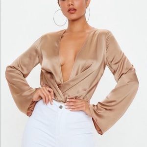 Plunge satin nude bodysuit